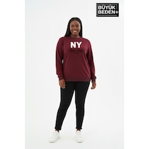 Süperlife Kadın Büyük Beden Ny Newyork Baskılı Bisiklet Yaka İnce Sweatshirt Spr26bswk956-15 Bordo