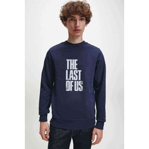 The Last Of Us Eskitme Yazlı Baskılı Indigo Mavi Erkek Sweatshirt