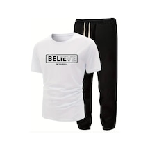 Medinenur Believe Yazı Baskılı T-shirt Eşofman Altı Jogger Rahat Kalıp Siyah Eşofman Takım Beyaz