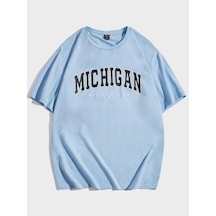 Flood Of Style Erkek Bebe Mavi Mıchıgan Baskılı Oversize Bisiklet Yaka Tshirt Bej