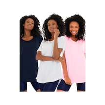 Beyaz-açık Pembe-lacivert 3 Lü Paket Regular/normal Kesim Pis Yaka Kısa Kollu Kadın T-shirt Beyaz-lacivert-açık Pembe