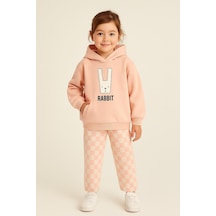 Çocuk Kapüşonlu Rabbit Desenli 3 İplik Şardonlu Eşofman Takımı 5-8 Yaş 10761s Somon