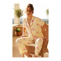 Siyah İnci Düğmeli Biyeli Viskon Örme Pijama Takım 26120762 sari