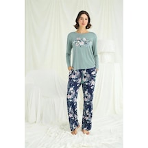 Ang Butik Kadın Çiçek Ve Yaprak Desenli Baskılı Pijama Takımı Yeşil
