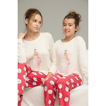 Siyah İnci Saat Desenli Pamuklu Bisiklet Yaka Örme Pijama Takım25241139 Ekru