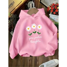 Kışlık Kapüşonlu Sweatshirt, Çocuk Grow Positive Papatya Baskılı Pembe