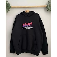 İkales Baskılı Üç İplik Kapüşonlu Oversize Sweatshirt - Siyah