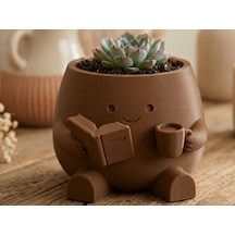 3d Baskı Kitap Okuyan Saksı - Kupa Tutan Sevimli Saksı-kahverengi