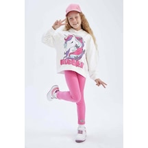 Riccotarz Kız Çocuk Unicorn Baskılı Kapüşonlu Sweatshirt Ve Fitilli Pembe Taytlı Takım 001