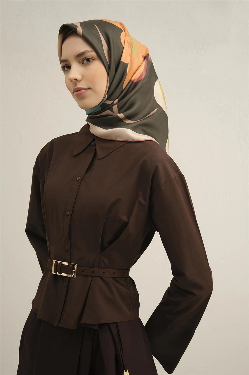 Armine Çiçek Desenli Saf İpek Sura Eşarp 9317d 82 Haki
