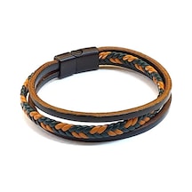 Canyon Braid Core Taba & Turuncu Örgü Detaylı Siyah Deri Erkek Bileklik-1419 Antrasit