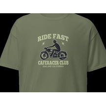 Wildstyle Ride Fast Caferacer Club Motosiklet Vintage Cafe Baskılı Unisex Bisiklet Yaka Pamuklu Tişört - Haki
