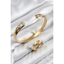 Pirinç Zirkon Taşlı Ayrık Model Gold Renk Bileklik Yüzük Set Altın Pirinç Zirkon Taşlı Ayrık Model Gold Renk Bileklik Yüzük Set Altın