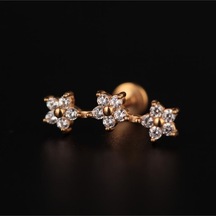 316 L Cerrahi Çelik 3 Papatya Pırlanta Modeli Helix Tragus Dudak Kıkırdak Piercingi Altın