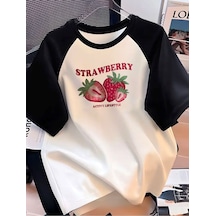 Çilek Baskılı Süprem Beyaz Siyah Reglan Kol T-shirt - Oversize Bisiklet Yaka Tişört Beyaz-siyah-282691