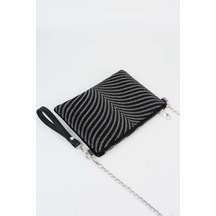 Vivaq Kadın Zebra Gümüş Taşlı Süet Bilek Askılı Ve Zincir Askılı Portföy El Ve Clutch Çanta SİYAH