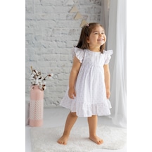 Zeyland Kız Çocuk Desenli Fırfırlı Dokuma Elbise-beyaz