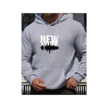 Herkesemoda Newyork Baskılı Kapşonlu Gri Sweatshirt Gri