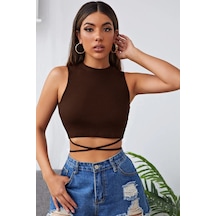 Moon Wear Kadın Kahverengi Çapraz Bağlamalı Crop Top Büstiyer Kahverengi