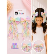 2'li Set Pastel Degrade Renk Geçişli Kıvırcık Sarkıt Kurdeleli Fiyonk Kız Çocuk Pens Toka - 2 Farklı Seçenek E