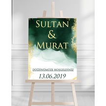 Söz Nişan Düğün İçin 50x70 Karşılama Panosu - Yeşil Altın Desenli Beyaz