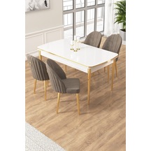 Canisa Edaf Serisi 80x132 Açılabilir Beyaz Mutfak Masa Takımı 4 Cappucino Sandalye Gold Detay Masa Beyaz Sandalye Gri Krom Ayak