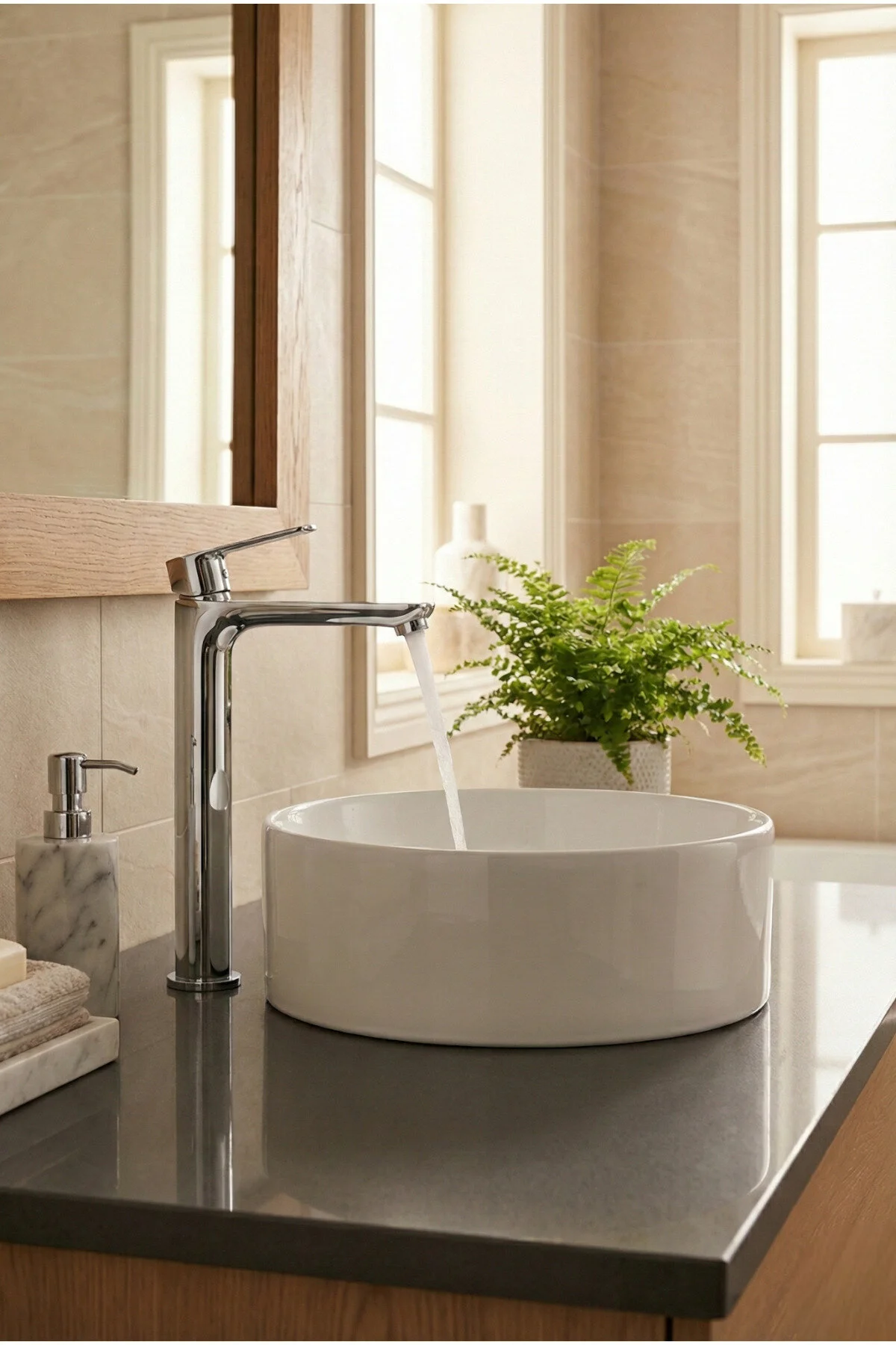Krom Çanak Banyo Lavabo Bataryası Gri