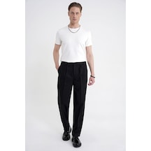 Oversize Kalıp Yan Cep Esnek Pamuklu Çift Pileli Siyah Pantolon P 1213
