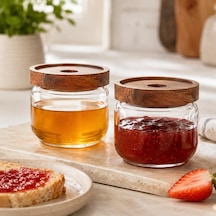 300 Ml Cam Kahvaltılık 2 Li Set, Akasya Kapaklı Şeffaf Cam Saklama Kavanozu, Kahvaltı Sunum Kabı, Zeytin Reçel Bal Kuruyemiş Sos Atıştırmalık Kavanozu