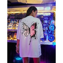 Kadın Tişört Kelebek Baskılı Oversize Kısa Kol T-shirt - Beyaz