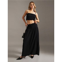 Fashion Cocktail Beach Kabartma Dokulu Kumaş İnce Askılı Lastikli Sahil Düşük Omuz İspanyol Uzun Etek Takım Siyah