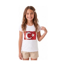 Onloox Kız Çocuk Beyaz Kız Beyaz Pamuklu Penye Bisiklet Yaka Kısa Kollu Tam Kalıp Pullu Ay Yıldızlı Tişört 4-14 Yaş