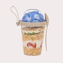 600 Ml Grano Müsli Kabı Kaşıklı Hazneli Meyveli Yoğurt Kabı Piknik İş Atıştırmalık Gevrek Diyet Tutamaçlı Müsli Granola Süt Bardağı Gıda Saklama Kabı 1, Krem