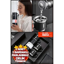 Siyah Piknik Kamp Termosu Paslanmaz Çelik 3 Bardaklı 500 Ml Vakumlu Çay Kahve Sıcak Soğuk Termos Set Siyah