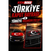 Kemboss Türkiye Kaput Bayrağı Ve Türkiye Kaydırmaz Torpido Pedi Seti - 130x160 Cm Lastikli Araç Kaput Bayrağı + Torpido Organizer Ped Türkiye Seti