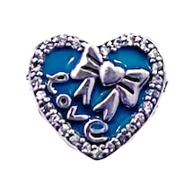 Love Yazılı Kurdeleli Taşlı Kalp Charm Gümüş