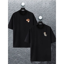 Unisex Kadın Erkek Bebek Tom Ve Jerry Baskılı Sevgili Çift Kombini Tasarım Oversize T-shirt 2'li Set Siyah Mck2100 Siyah