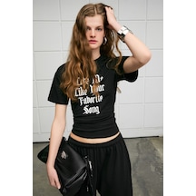 Grimelange Lavınya Kadın Yumuşak Kumaşlı %100 Pamuk Baskı Detaylı Siyah T-shirt Siyah