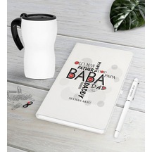 Kişiye Özel Baba Beyaz Defter Kalem Termos Mug Seti-1