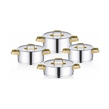 1137-g - 8 Parça, İndüksiyonlu 1. Sınıf Paslanmaz Çelik Tencere Seti, Gümüş Gövde, Gold Detay Gold - Gümüş