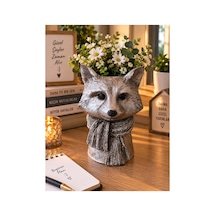 Dekoratif Tilki Figürlü Makyaj Fırçalığı Kalemlik Saksı Organizer Polyester 20x10 Cm Gümüş