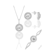 Gümüş Rodyumlu Zirkon Taşlı Pırlanta Montürlü Yuvarlak Bileklikli Üçlü Set