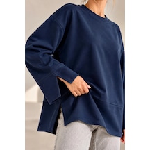 Bb Butik Basic Oversize Yırtmaç Detaylı Bisiklet Yaka Sweatshirt Zg3535 Lacivert