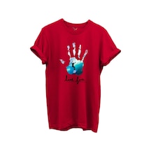 Live Free Yazılı Sörfçü Ve El Baskılı %100 Pamuk Regular Fit Unisex T-shirt Kırmızı
