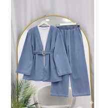 Lovie Moda Kadın Kemer Detaylı Kot Kimono Takım - Açık Mavi