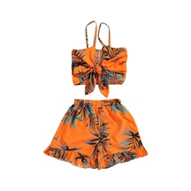 Kız Üstleri, Şortlu Takım, Ilmek Askılı Yazlık Gömlek Yaprak Baskılı Plaj Yeleği Bol Pantolon, Turuncu