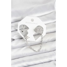 Mey İthalat Kutup Yıldızı Model Pirinç Gümüş Renk Zincir Bağlantılı Ear Cuff Küpe Seti Çok Renkli