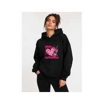 Herkesemoda Lovely Baskılı Kapüşonlu 2 İplik Şardonlu Sweatshirt Siyah