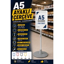 A5 Ayaklı Menü Ve Fiyat Bilgi Standı Yuvarlak Tabanlı Teleskopik Çerçeve Etiketlik Beyaz