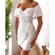 Fashion Cocktail Yaprak Kol Önden Bağlamalı Göğüs Pedli Mini Kokteyl Davet Gece Elbisesi Beyaz